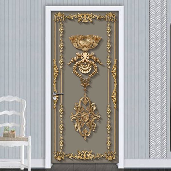 Self Adhesive Door Sticker Wallpaper 3D European Style Golden Flower Pattern Living Room Bedroom Door Mural Sticker Wall Decals 210317
