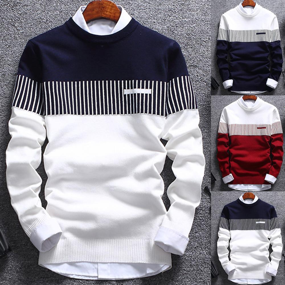 Men&#039;s sweater Autumn youth warm round neck knit sweaters Korean style slim striped trend European and American