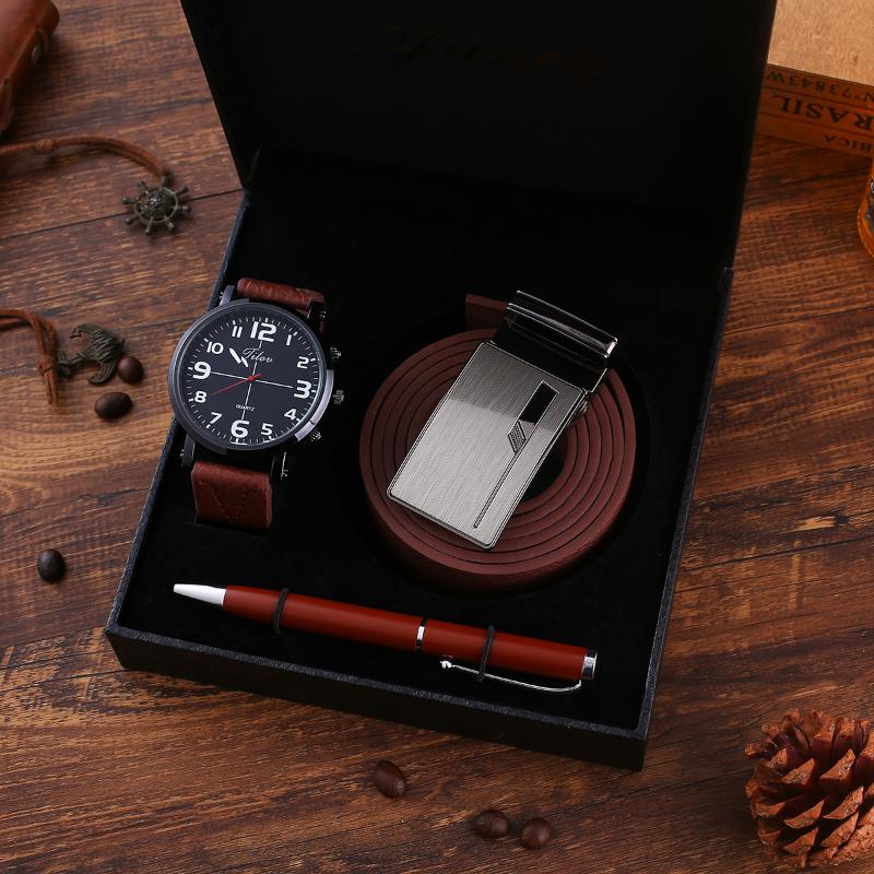 Wristwatches 3pcs - Set Boutique Gift Belt + Large Dial Quartz Watch Pen Watches For Men