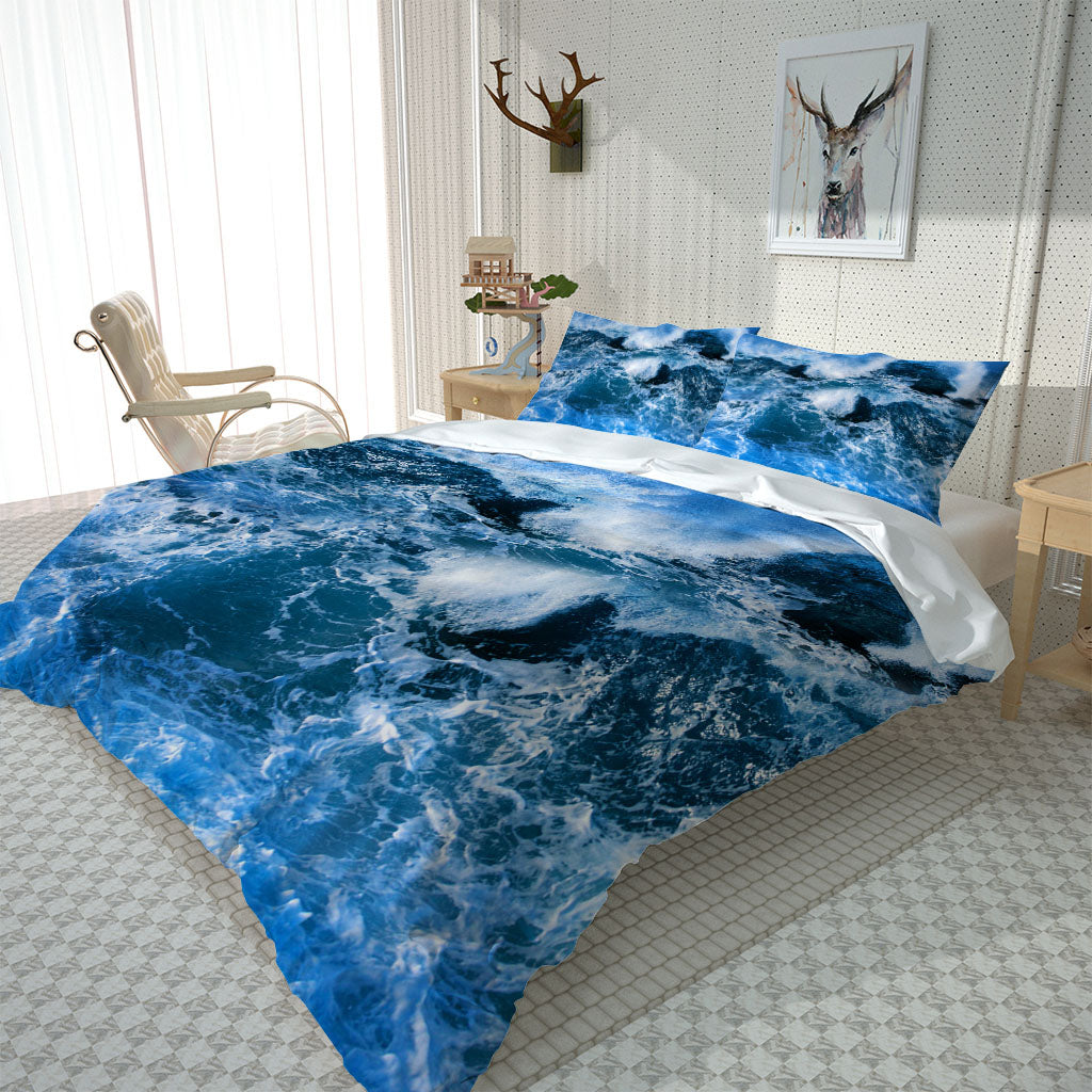 Single Full Double Bed Linen Flat Sheet blue waves 3pcs Duvet Cover Set With Pillowcase Bedding Sets