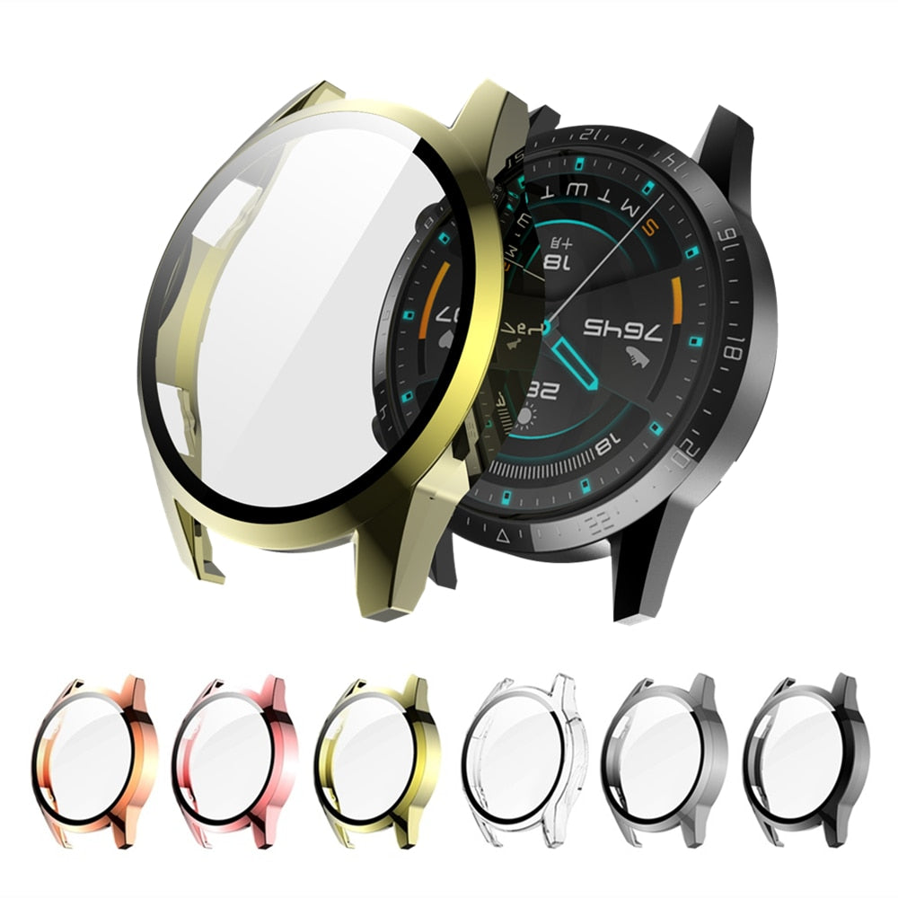 For Huawei Watch GT 2 46mm 42mm Full Case Cover 2in1 Plating PC Protective Shell+Tempered Glass Screen Protector For Huawei GT2