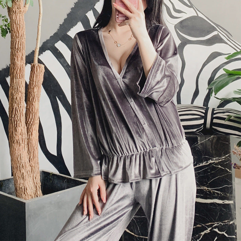 sleepwear Veet Pajamas Woman Homewear 2 Pieces Set Deep V-neck Spring Autumn Pyjama Sleepwear Long Sleeves Nightwear Rgza ZZGM
