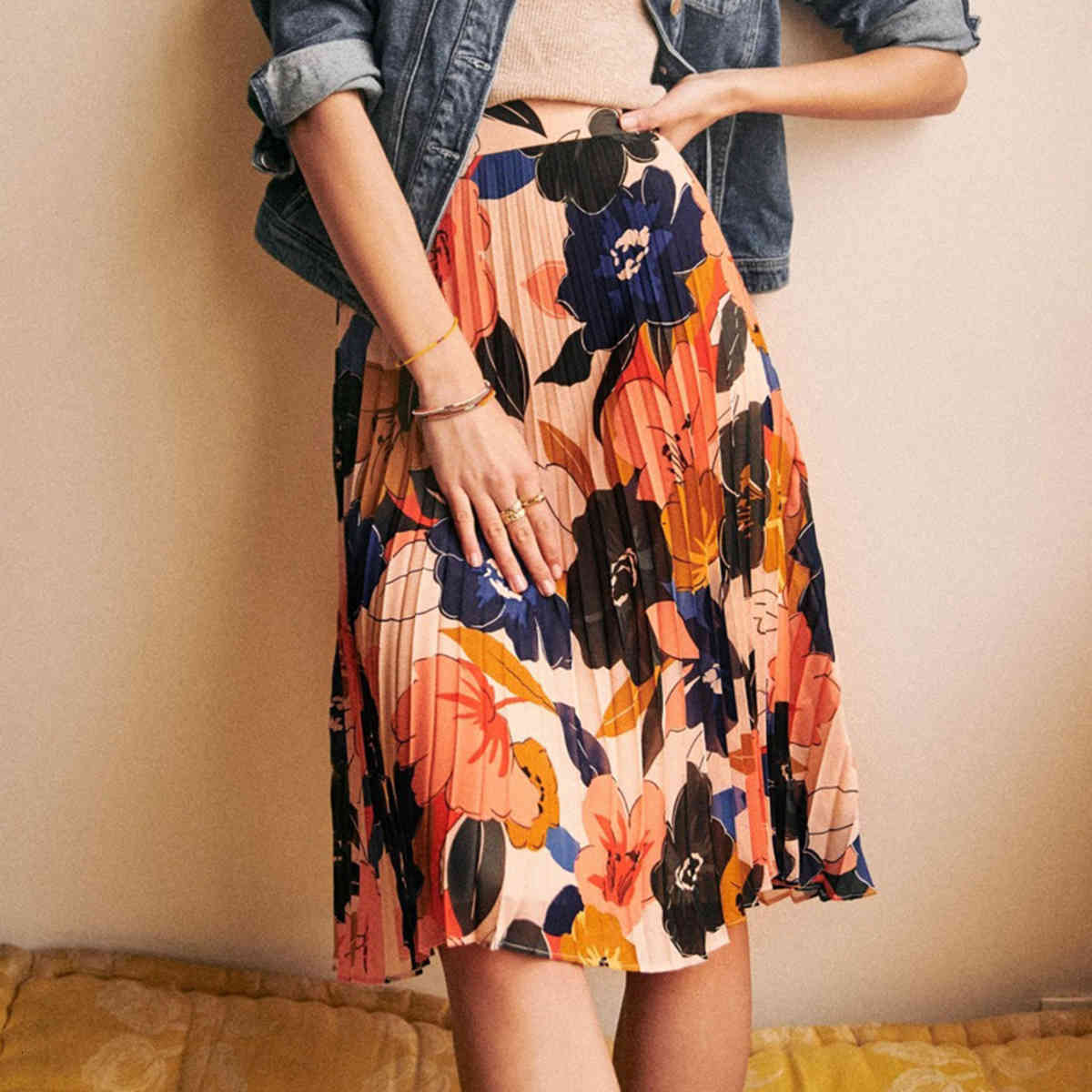 skirts Dino Pleaded Women Summer Autumn High Waist Ziper Casual Midi Floral Printed Vintage Skirt