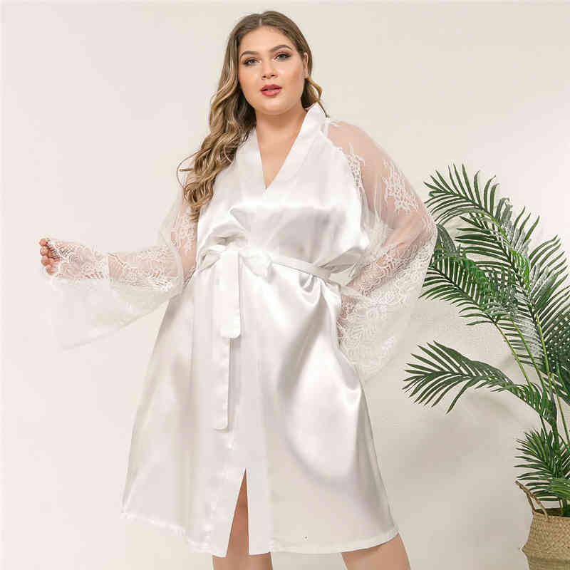 sleepwear Woman Robe Pajamas Large Size Black White Lace Long Sleeve Elegant Faux Silk Loose Summer Night Sleepwear Zgk4 XWQX