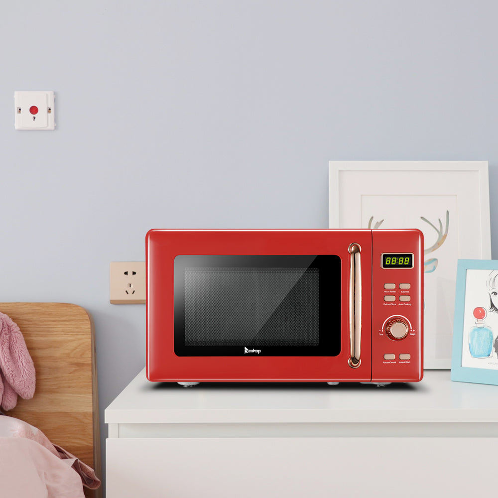 Cooking Utensils Red 20L 0.7cuft Retro With Display Golden Handle Microwave Kitchen Dining Bar