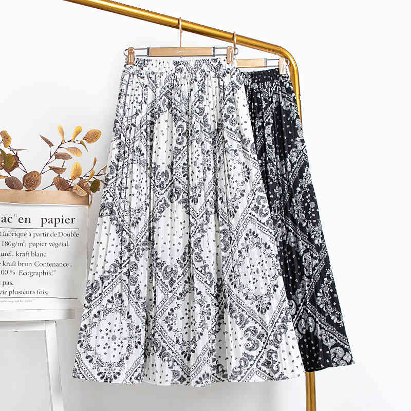 skirt Woman Skirts Elegant Vintage Geometric Print Pleated Women Summer Elastic High Waist Chiffon Midi Skirt Femme Jupes 8amw