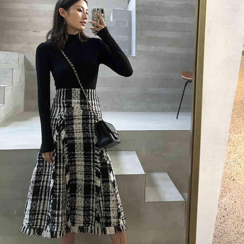 winter tweed high-waisted skirt of vintage soft plaid wool checked midi-a-line female flawed skirts