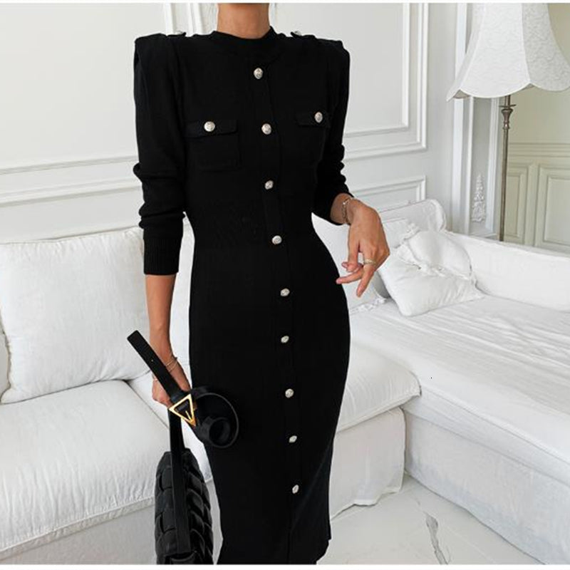 dresses Runway Spring Small Fragrance Knitting Women Eleagnt Single-breasted Office Lady Long Sleeve Sweater Wigb 3INK