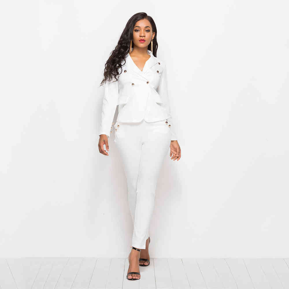 2021 New Autumn Winter Business Women Elegant Suit 2 Piece Set White Blazer Coat Pencil Slim Long Pant Office Lady Jacket Female Outfits 0vm