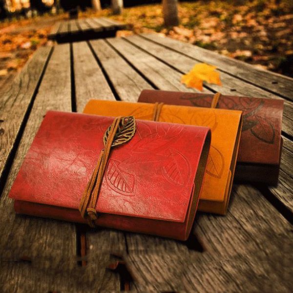 Luxury PU Cover Coils Notepad Book Soft Copybook Blank Notebook Retro Leaf Travel Diary Books Kraft Journal Spiral Stationery Leather Writin
