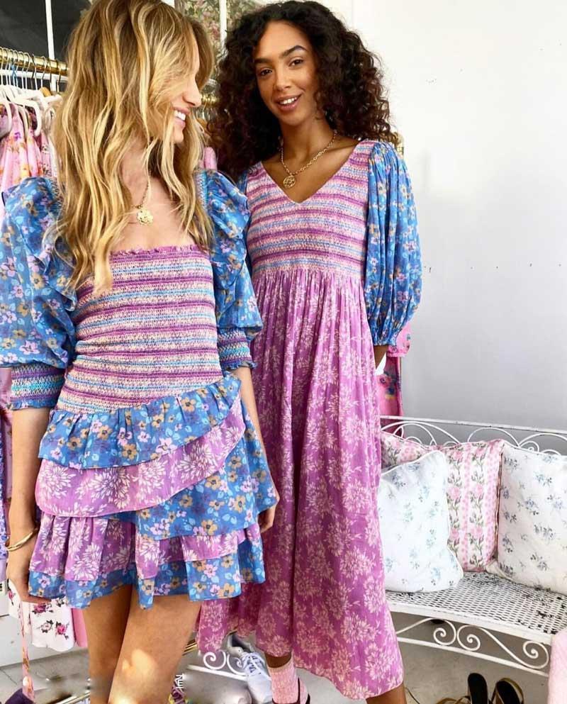 Ruffled Dress Women Dresses Long Sleeve Multi Floral Blue Summer Smocked Bodice Asymmetrical Tiered Mini Party Ladies