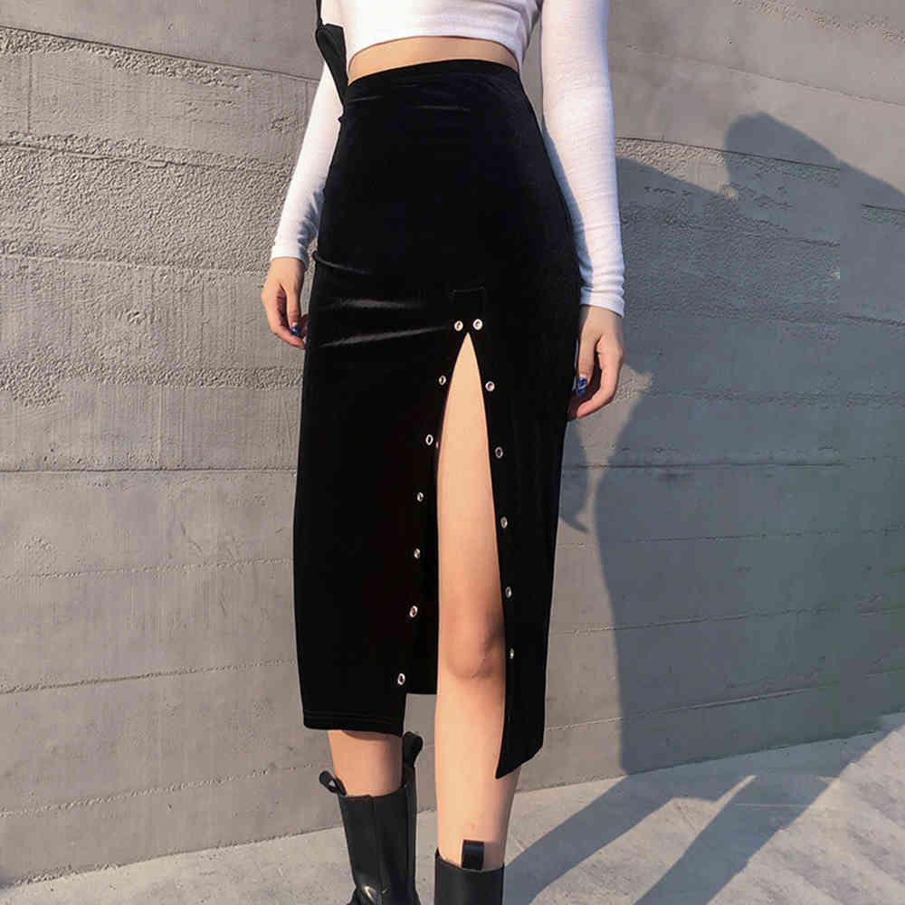 skirt Black Velvet Asymmetric Slit Midi Skirt For Women 2021 High Waist Ladies Casual Spring Summer Clothes Vintage Elegant Skirts T53A