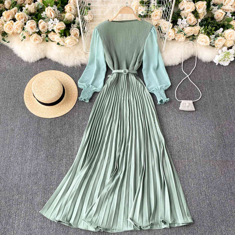 dress Woman Elegant Office Lady Pleated with Belt Round Neck Sleeve Long Es for Women Spring Autumn Clothing Ekiq