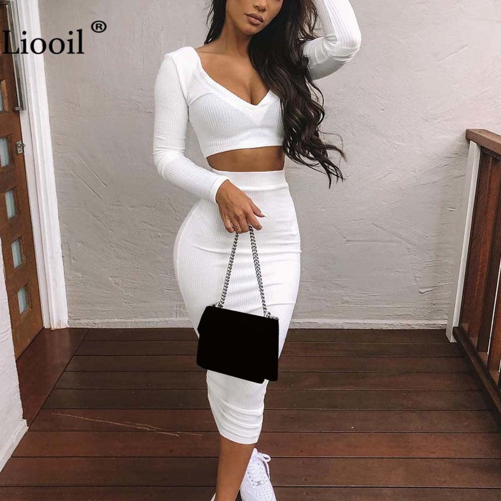 dress White 2 Piece Knit Set Short Sweater Top And Bodycon Maxi Skirts Women Fall Winter Long Sleeve V Neck Ladies Tight Outfits LMJQ