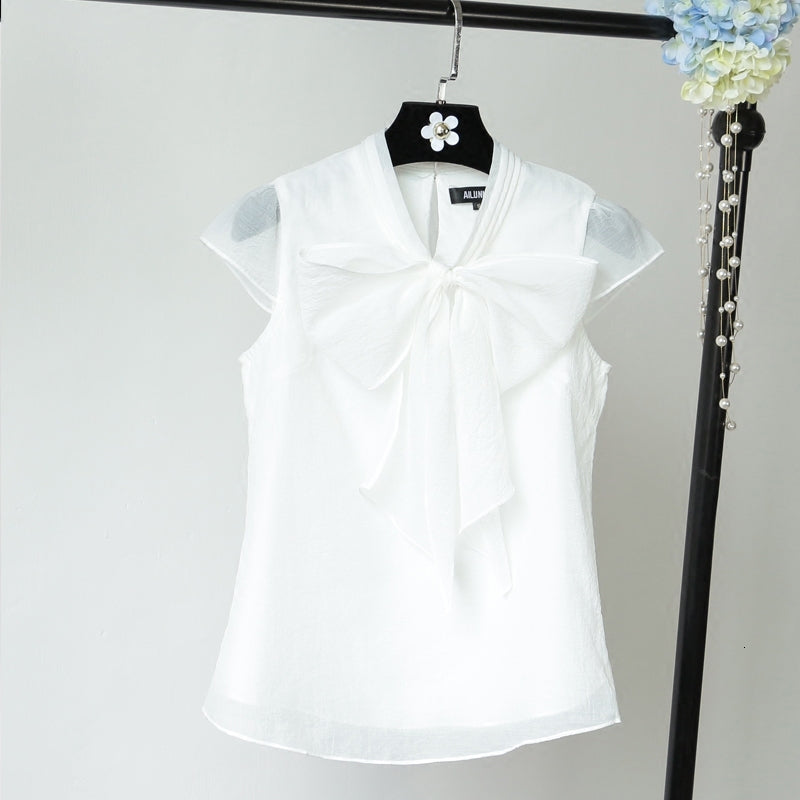 blouses Women Blouse Summer Korean-style Slim Fit Sweet Large Bow Organza White Shirt Short Sleeved Tops Ladies Blusas