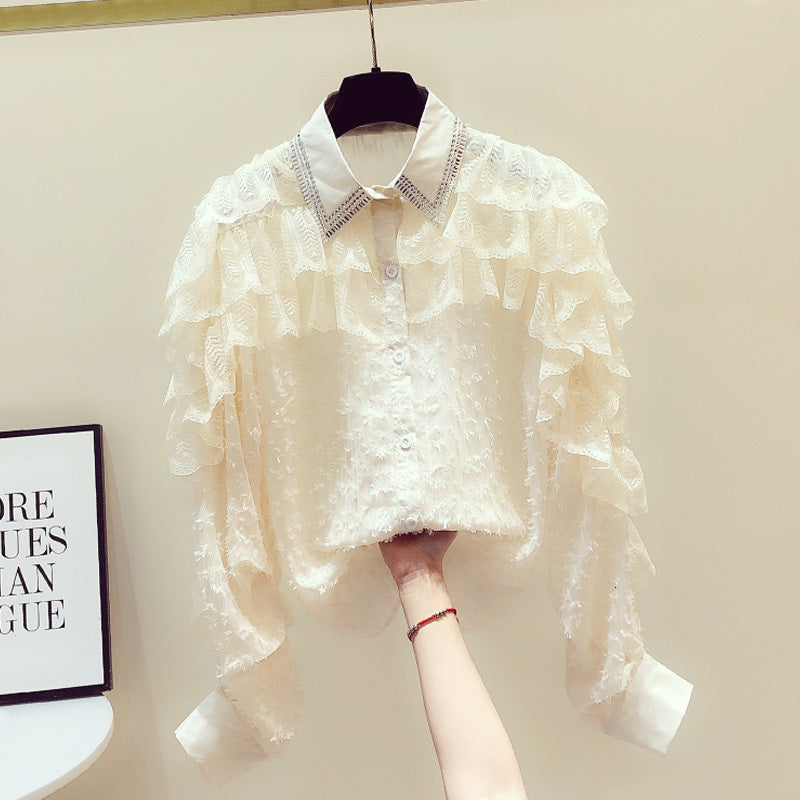 blouses Diamond Lapel Woman Lace Panel Mesh Ruffle Shirt Spring Women&#039;s Blouses and Tops Blusa Feminina Ropa Mujer