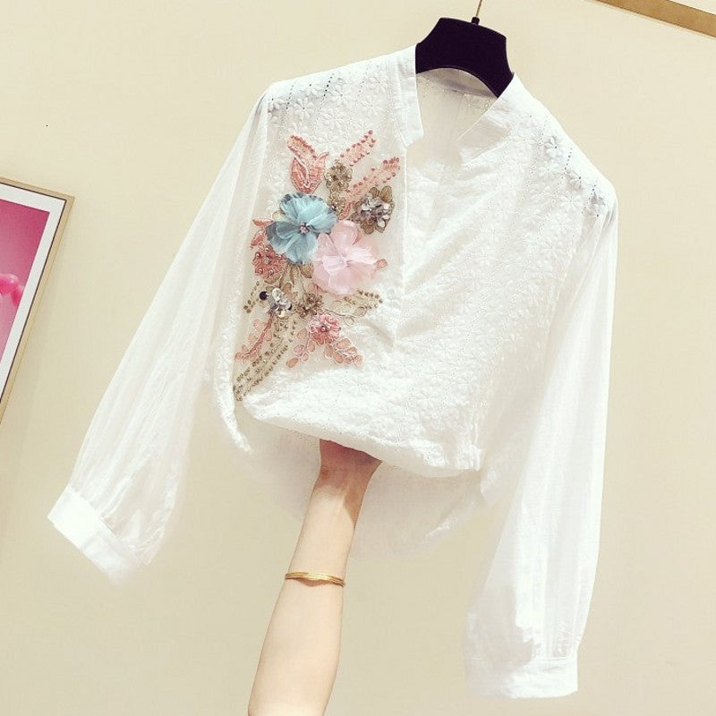 blouses Spring Sequined Embroidered V-neck Long-sleeve Shirt Women&#039;s Casual Blouses Flower Blouse Woman Ladies White Top
