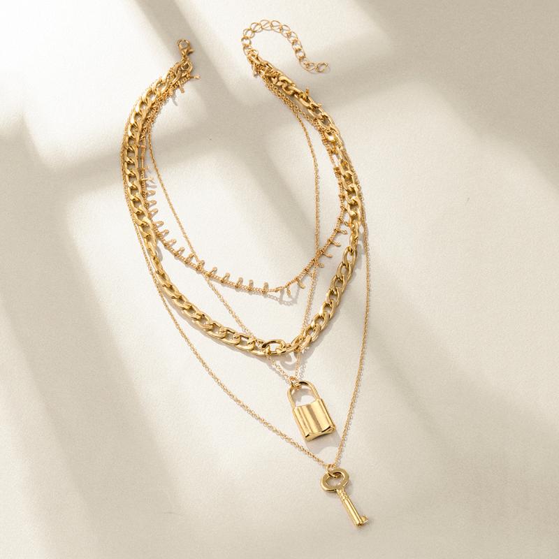 Lost Lady Hip Hop Lock Key Pendant Necklace For Women Punk Metal Chain Layers Choker Wholesale Jewelry Bijoux Female Necklaces