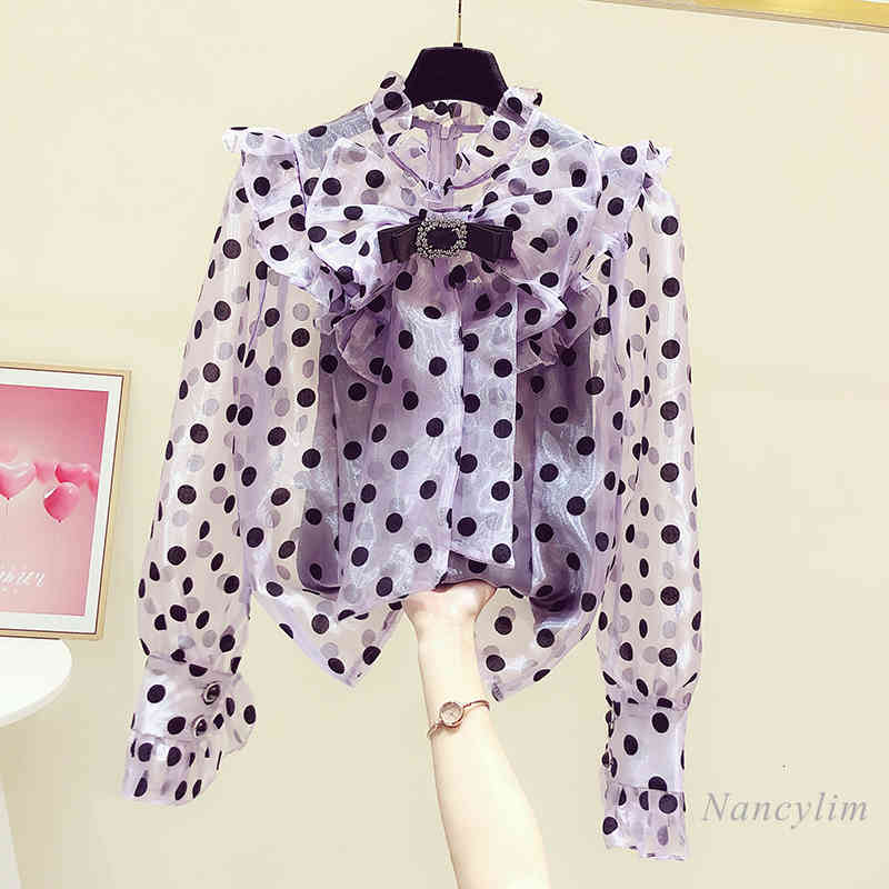 blouses Sleeve Sweet Polka Dot Organza Shirt for Women Spring Loose Lotus Leaf Top Blouse Ladies Blusas