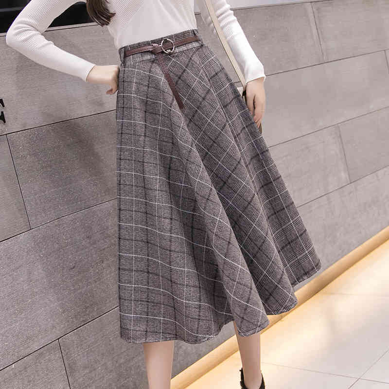 skirts Vintage Plaid Belted Tweed Skirt Women Midi High Waist A-line Office Lady Outfits Ayen G6Y9