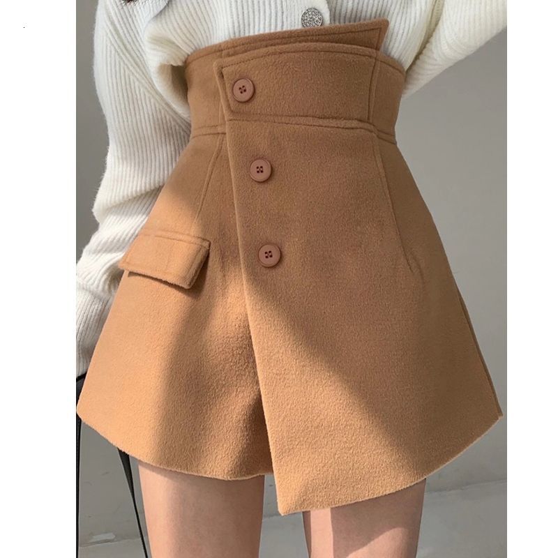 skirts Elegant Wool Sktrts Winter High Waist Solid Button Short Mini Female Office Lady Casual Skirts Women Ptex