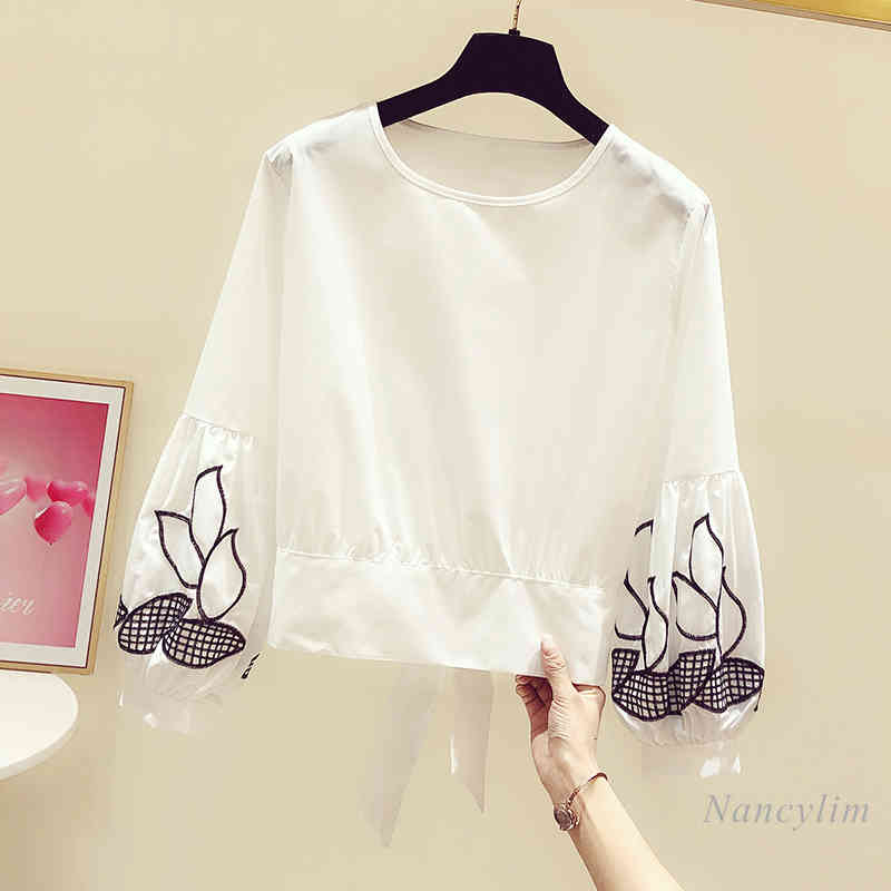 blouses White Blouse Female Spring Embroidered Flowers Lantern Sleeve Round Neck Back Lace Bow Shirt Women&#039;s Short Tops