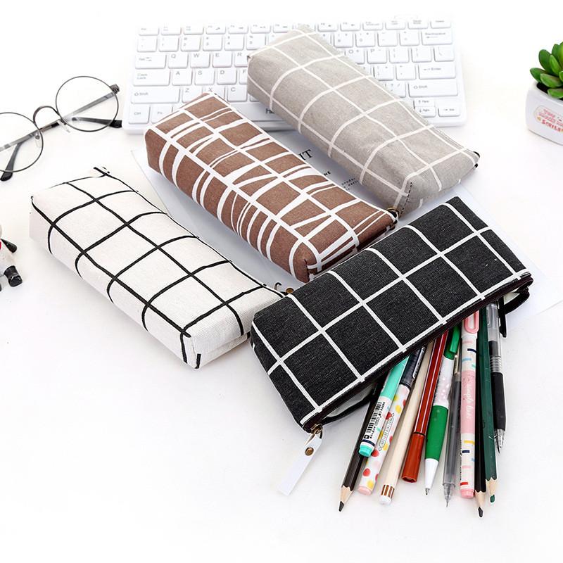 Canvas Geometric Pencil Bag Case Striped Grid Pattern Solid Color Pen Pouch Office Students Stationery Supplies 122844