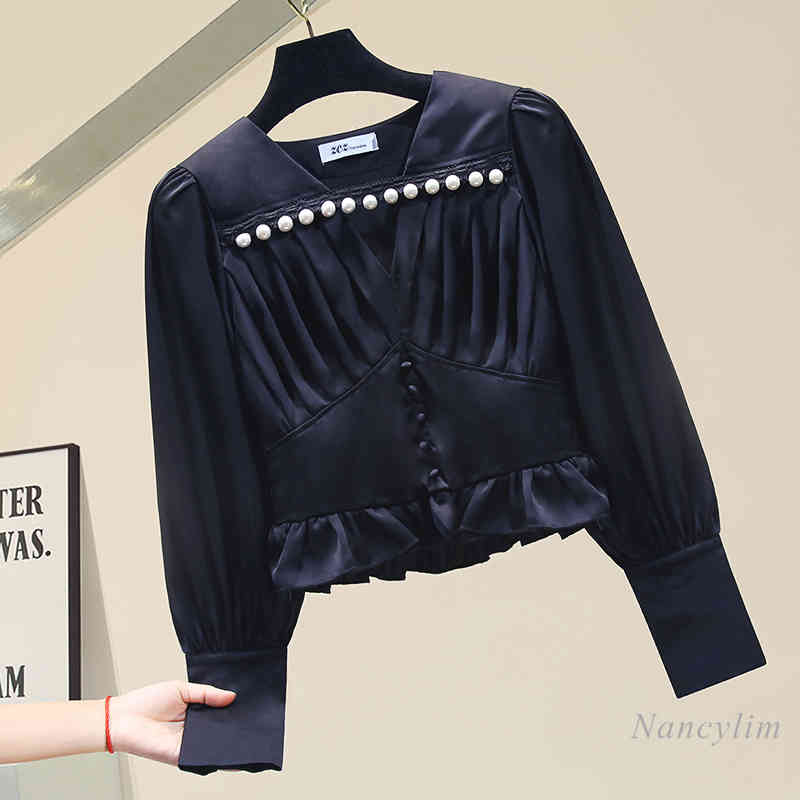 blouses Big Pearl Beaded Blouse for Women Long Sleeve v Neck Short Satin Shirt Business Lady All-match Slim Fit Blusas White Black Top