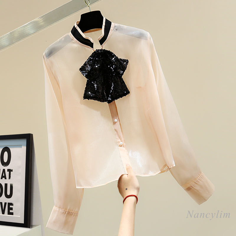 blouses Women&#039;s Glossy Shirt Spring Korean Style Loose Elegant Sequins Bow Long Sleeve Stand Collar Blouse Blusas