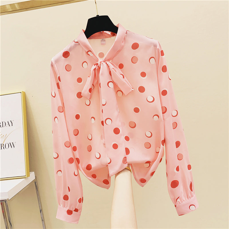 blouses Women Autumn Chiffon Blouses Shirts Office Lady Casual Long Sleeve Polka Dot Printed Tops Bow Collar Blusas All-match Top