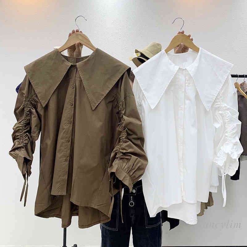 blouses Fashion Sailor Collar Drawstring Lantern Long Sleeve Cotton Shirt Women&#039;s Loose Korean-style Blouse Ladies Blusas Tops Mujer