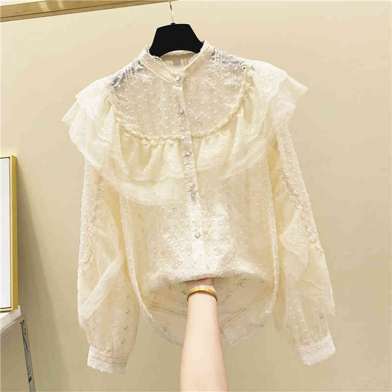 blouses Apricot Blouse Womab Autumn Ruffled Lace Mesh Stitching Chiffon Shirt Long Sleeve Stand Collar Shirts Lady&#039;s Tops