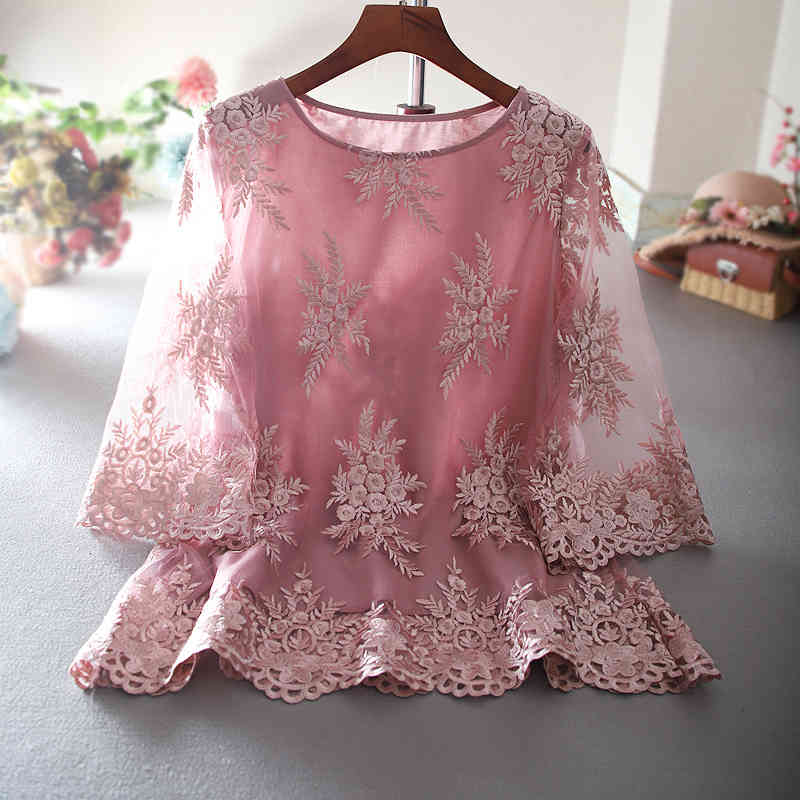 blouses Loose Lace Blouse Women Heavy Mesh Flared Sleeve A- Line Edition Shirt Female Temperament Summer Top Leisure Blouses Blusas