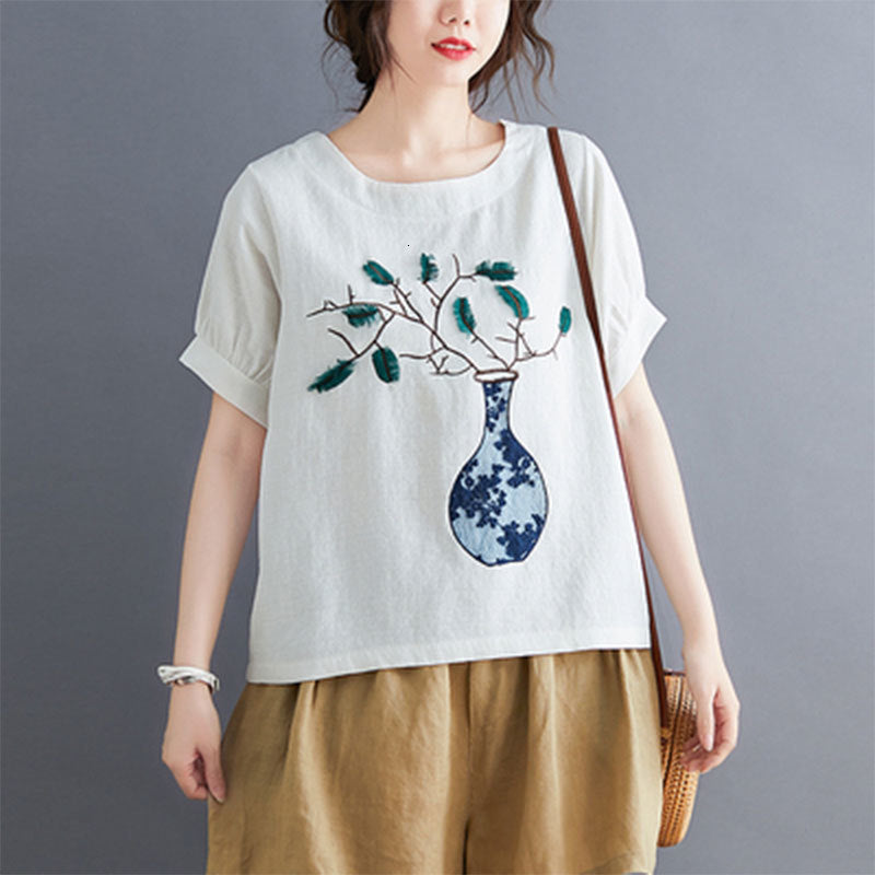 t shirts Summer Arts Style Women Short Sleeve Loose Tee Shirt Flower Vase Embroidery Cotton Linen Tshirt Plus Size Femme Tops M632 Qz7f