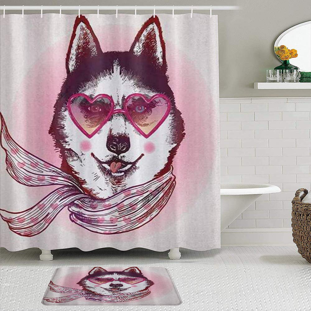 Fabric Shower Curtain and Mats Set,Hipster Husky Dog with Hearts Sunglasses and Scarf Fashion Animal Art,Waterproof Bath