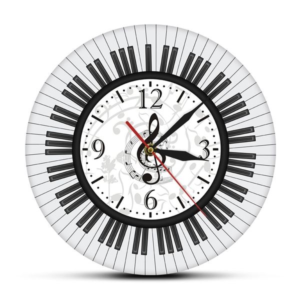 Piano Keyboard Treble Clef Wall Art Modern Wall Clock Musical Notes Black and White Wall Watch Music Studio Decor Pianist Gift 210325