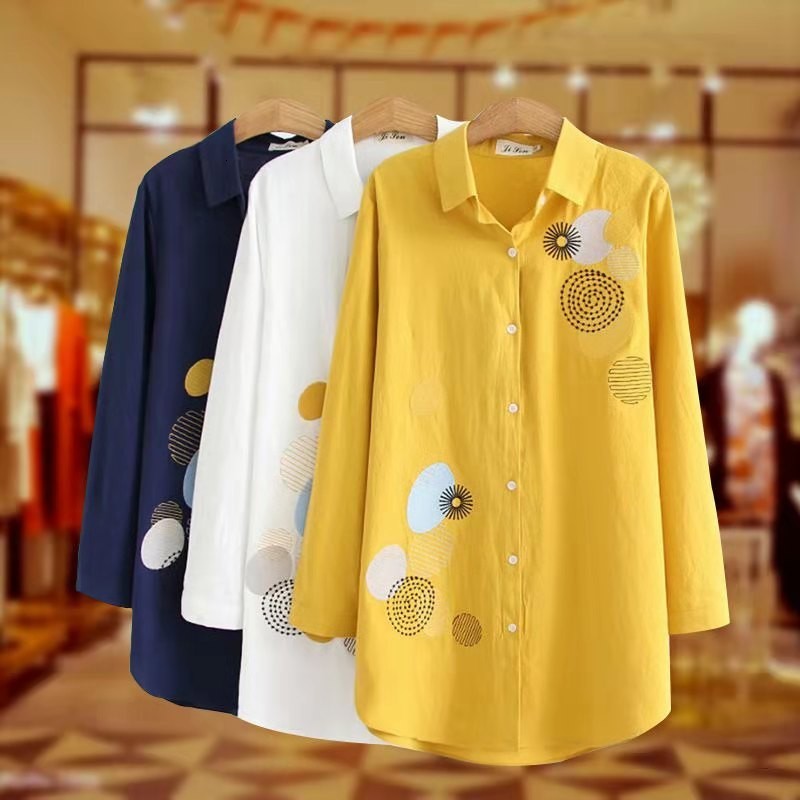 blouses Spring Korean Style Women Loose Turn-down Collar Blouse Polka Dot Embroidery Single Breasted Cotton Linen Casual Shirts W76 O1v2