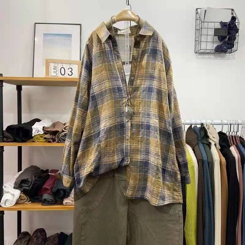 blouses Spring-autumn Korean Style Women Casual Loose Long Sleeve Turn-down Collar Blouse Single Breasted Plaid Cotton Linen Shirt W23 Mysp