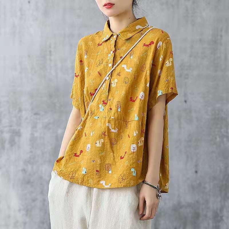 blouses Arrival Summer Women Loose Casual Short Sleeve Turn-down Collar Blouse All-matched Button Cotton Linen Print Shirt W28 U731