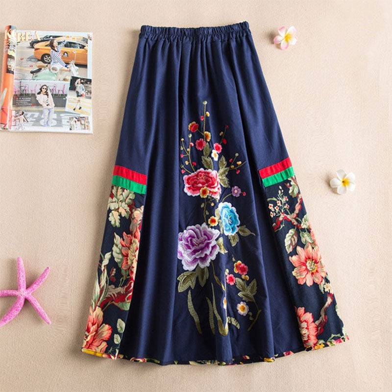 skirts Spring Arts Style Women Elastic Waist Loose A-line Long Skirt Vintage Floral Embroidery Cotton Linen Skirts Top Quality V246 0wbu