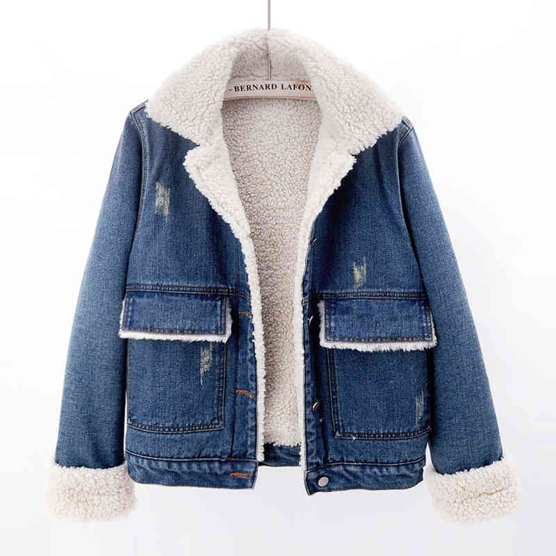 jacket Korean Winter Loose Thick Warm Lamb Fur Liner Denim Women Big Pocket Vintage Jeans Jacket Coat Female Student Outerwear