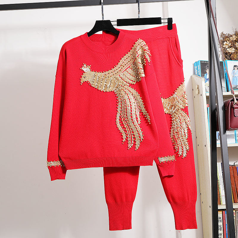 pant Red Tracksuit Women Knitted Outfits Handwork Beading Sequins Phoenix Sweater Pencil Pants Set Female Loose 4 Color Knitting Suit