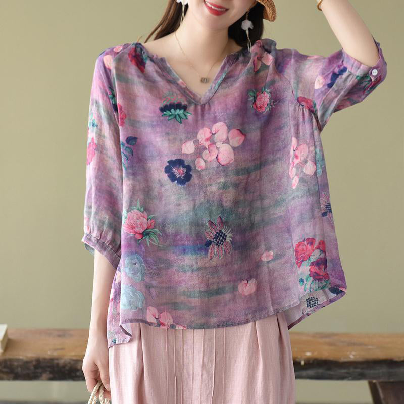 t shirts Summer Arts Style Women 3-4 Sleeve Loose Shirts Vintage Print V-neck Cotton Blouses Plus Size Tops Femme Bluse M125 Bmgo