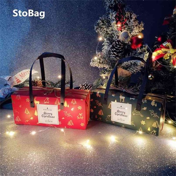 StoBag 5pcs-Lot Red-Green Christmas Handle Box Party & Event Gift Cookies Cake Packaging For Home Celebrate Child Favor 210326