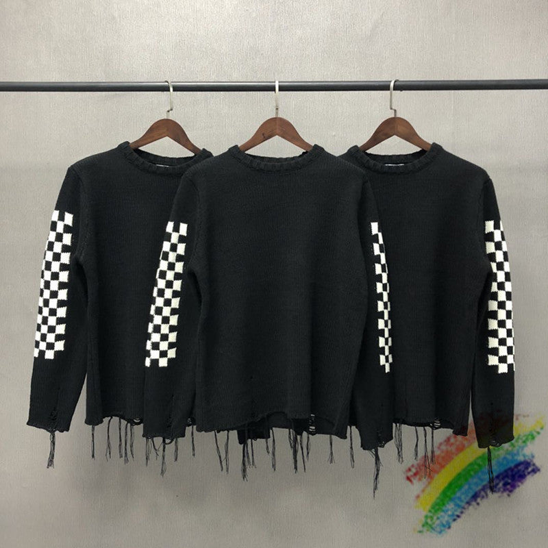 sweatshirts Black And White Squares RHUDE KNIT SWEATER Men Women Sweaters 1:1 High Quality Tassel Knitted Sweatercoat Checkerboard