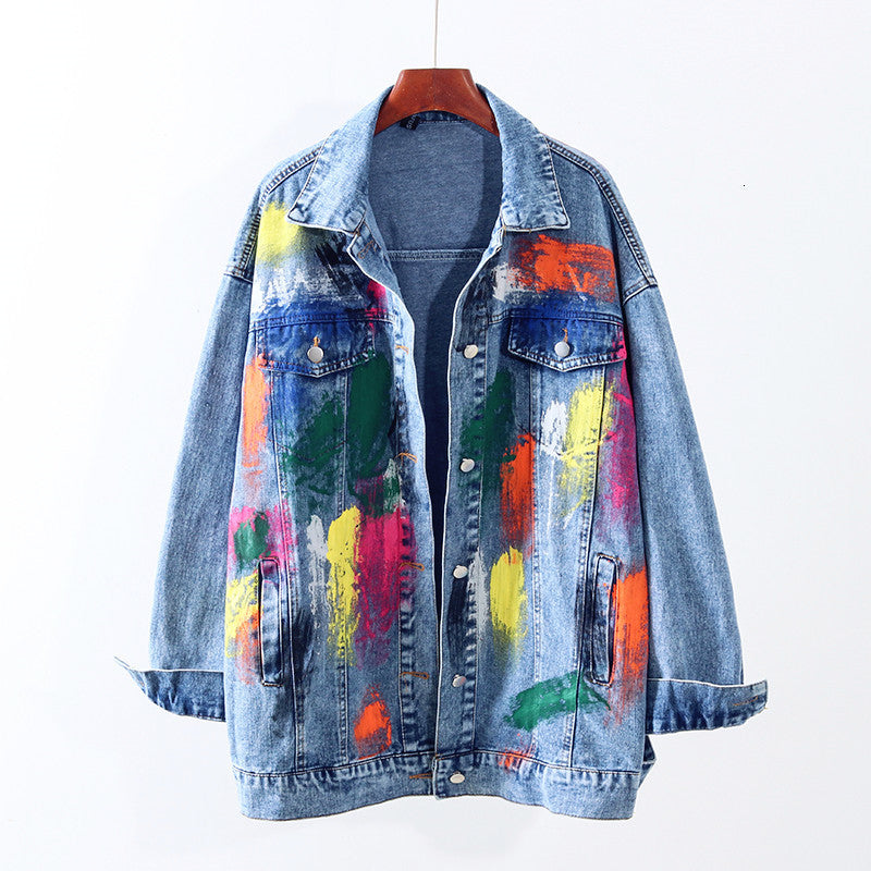 jacket Autumn Fashion Mid Long Denim Coat Women Loose Hand Painted Multicolor Graffiti Jeans Jacket Outerwear Female Streetwear