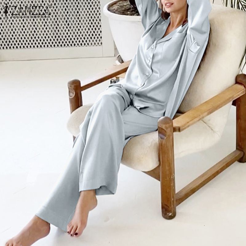underwear 2021 Fashion Women Sleepwear Spring Loose Homewear Casual Satin Two-piece Pajama Sets Ladies Solid Silk Nightwear Plus Size 5XL