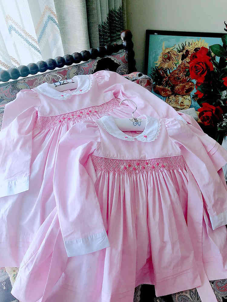 Girls&#039; dresses Toddler Girl Vintage Handmade Smocked Pink infant Smocking Emboridery es Baby Spanish Frock Children Boutique Clothes