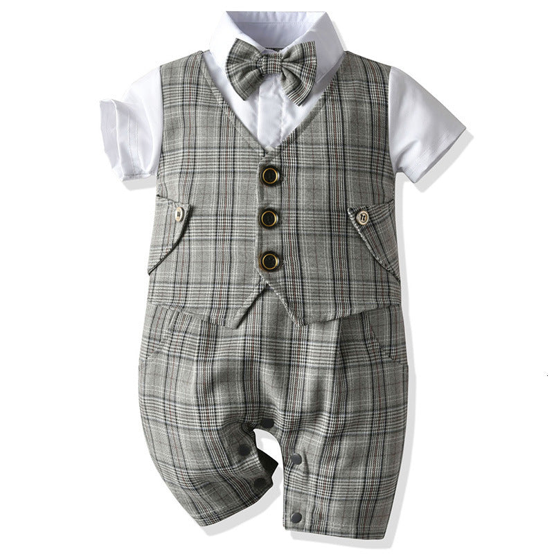 Children&#039;s suit Baby Boy Christening Birthday Outfit Kids Plaid Suits Newborn Gentleman Wedding Bowtie Formal Clothes Infant Summer Clothing