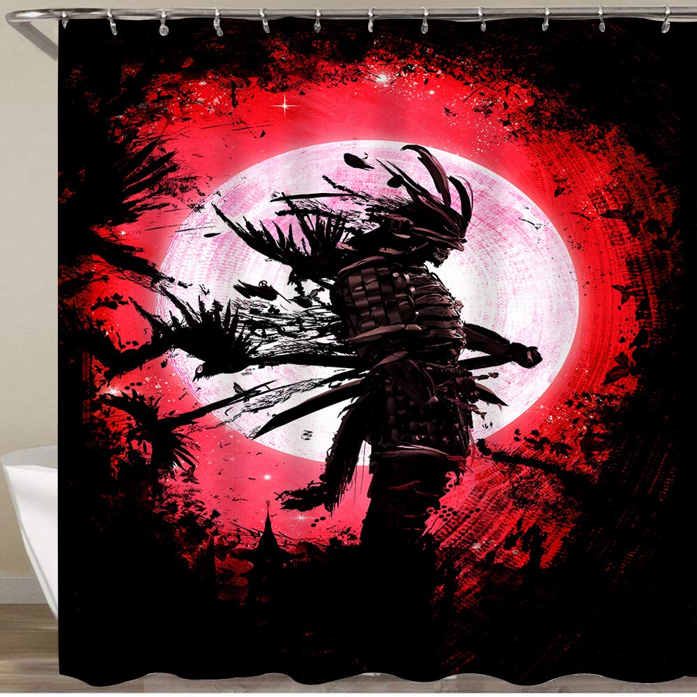 Shower Curtain,The Ghost of The Samurai Standing on The Background of The Blood Moon,Waterproof Bath Curtains Polyester